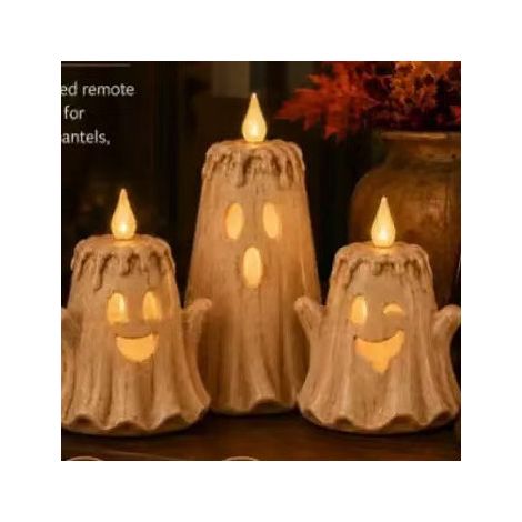 Lot 3 bougeoirs fantôme Halloween résine S/M/L lampe électronique déco fête (1/2)
