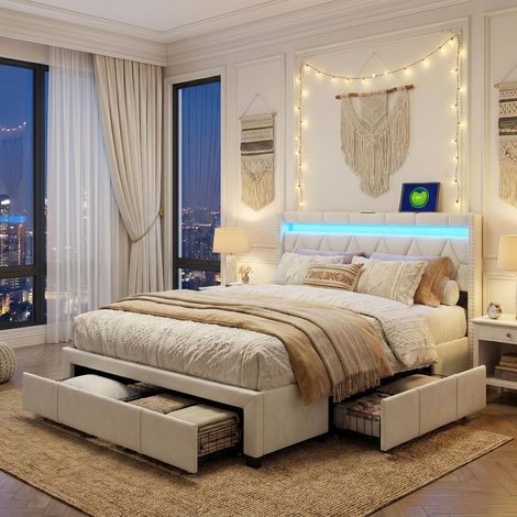 Lit double 160x200 avec 4 tiroirs – LED et USB, sommier lattes, Tête de Lit Capitonnée en Lin – Beige