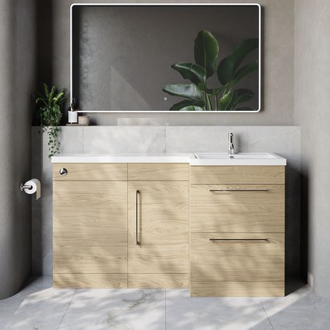 Napoli 390 Light Oak 1500mm 2 Drawer Vanity Unit Toilet Suite with Right Hand Square Lucia Basin - 1500mm - Chrome 320mm HandleWithout Kingston Toilet Pan