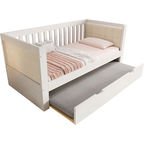 CHICFURN Cama de día 90x200 cm con cama nido 90x190, madera de pino blanca, respaldo de terciopelo, ideal para habitaciones pequeñas y de invitados (1/5)