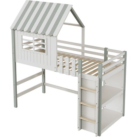 Cama infantil casita 90x200 cm con escalera y estantes, madera y MDF verde HOMVRA (1/5)