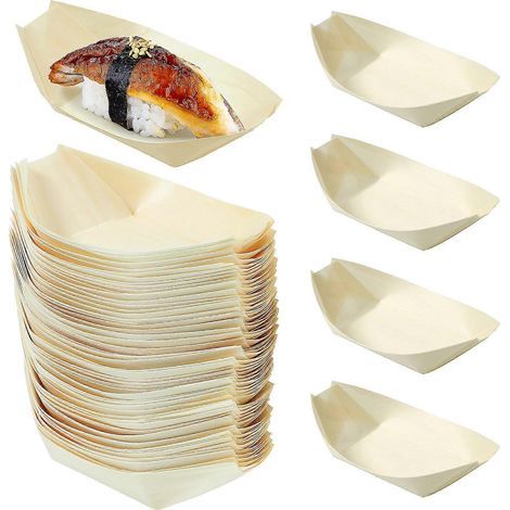 100 plateaux à sushis jetables en bois naturel pour la maison et les restaurants (1/5)