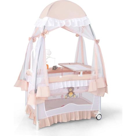 Lit bébé 4 en 1 avec canopée amovible, lit de voyage avec matelas, lit d'appoint avec roues - rose (1/5)