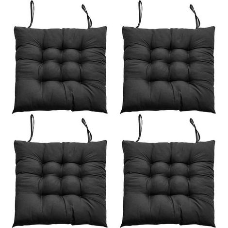 Lot de 4 coussins d'assise pour chaises de salle à manger, 40 x 40 cm, confortables, avec attaches, noirs.