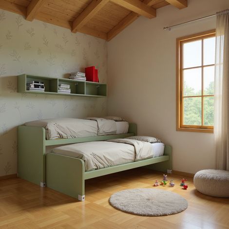 Coppia letti singoli scorrevoli con ruote e contenitori - Made in Italy - Salvia