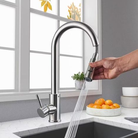 Robinet mitigeur d'évier flexible pivotant à en avec aérateur amovible pulvérisateur rétractable haut modes nickel 360° 2 acier inoxydable (1/4)