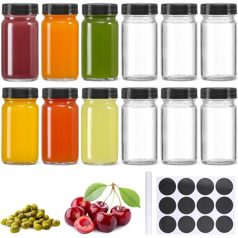 12 Pièces 60ml Mini Bouteille en Verre avec Couvercle, Bocal Réutilisable à Large Ouverture et Étanche pour Gingembre, Shot Bien-Être, Jus, Échantillon, Whisky - Lave-Vaisselle Passe (Noir) (1/5)