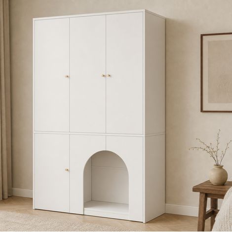 Armario de dormitorio de 3 puertas 120 x 50 x 200 cm con barra, blanco, diseño curvo DESVIAE (1/5)