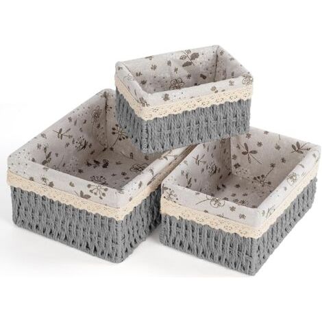 Lot de 3 Panier Osier, Petit Moyen Grand, Doublure Amovible, Rangement Salle de Bain Salon Cuisine (1/5)