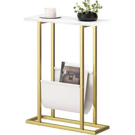 Narrow Side Table, End Table with Magazine Holder, Nightstfor Small Spaces, Living Room, Bedroom, White Marble Grain (1/5)