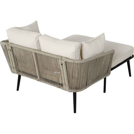 Chaise longue d'extérieur avec coussins amovibles et lavables, structure en acier et corde kaki, tissu beige (1/5)