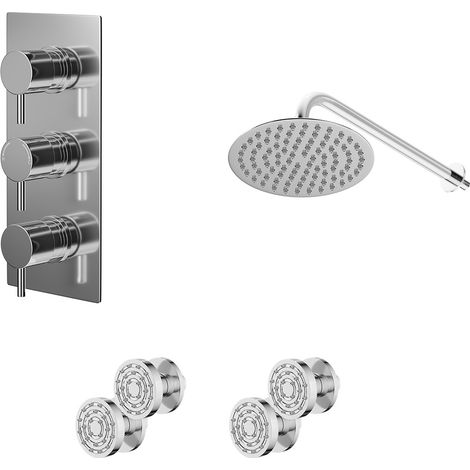 Circo Polished Chrome Concealed Triple Thermostatic Shower Valve and 200mm Round Head with 345mm Wall Arm and 4 Body Jets - 2 Outlet (1/5)
