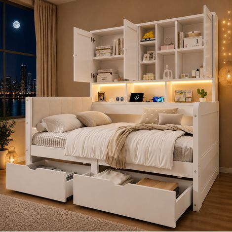 Cama infantil 90x200 con almacenaje, LED, puertos USB, cabecero de PU, blanca, OKWISH (1/5)