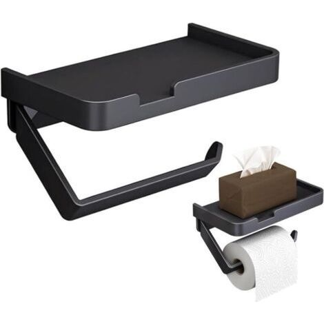 Self Adhesive Black Toilet Paper Holder Stand with Phone Shelf, Aluminum Alloy No Drilling Wall Mounted Toilet Paper Holder for Bathroom and Kitchen (1/5)