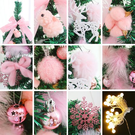 Mini-Weihnachtsbaum, batteriebetrieben, mit Beleuchtung, Lichterkette, Fliege, Reh, Hase, Pompon, Federn, Glöckchen und Schneeflocken. Ideal als Dekoration für Tisch, Schreibtisch oder Zuhause. (1/2)