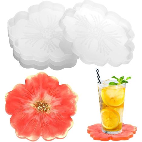 Moule en résine époxy et lavable moule à sous-verres en silicone (4 unités) motif fleur (1/5)