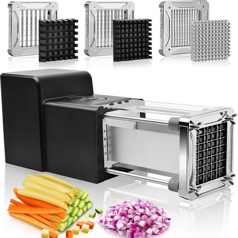 Coupe Frites Electrique, Coupe Frite Professionnel en Inox avec Lames de 6 mm, 9 mm et 12 mm, Coupe-frites Electrique pour Pommes de Terre, Concombres, Carottes et Courgettes (1/5)