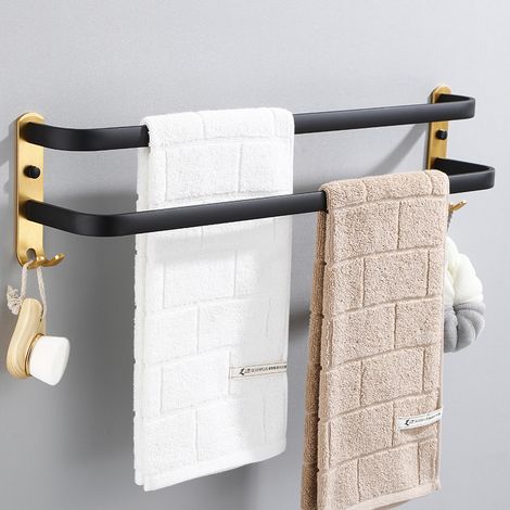 Porte-Serviettes Mural avec 2 Crochets Porte Serviettes Salle de Bain Etagères Serviette en Aluminium Noir + Or 2 Couche 40cm (1/5)