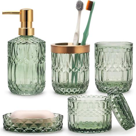 Lot de 5 Accessoires de Salle de Bain en Verre Vert, Distributeur de Lotion, Porte Savon, Support Brosse à Dents, Gobelet, Pot Coton-Tiges
