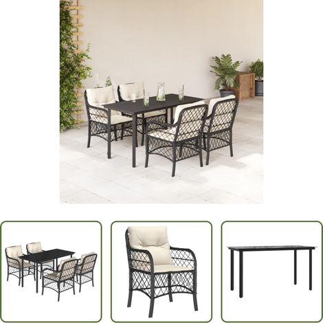Gartenessgruppe - 5-tlg. Garten-Essgruppe mit Kissen Schwarz Poly Rattan (1/5)