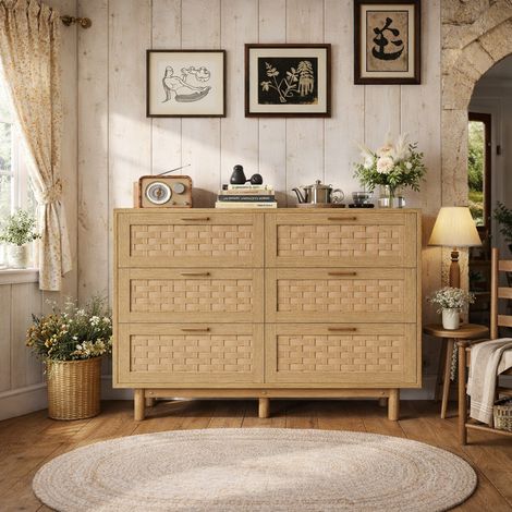 Commode 6 tiroirs chambre, meuble de rangement style bohème avec conception anti-basculement et cadre en bois, commode en rotin buffet pour salon, entrée, 115x40x80 cm,Chêne