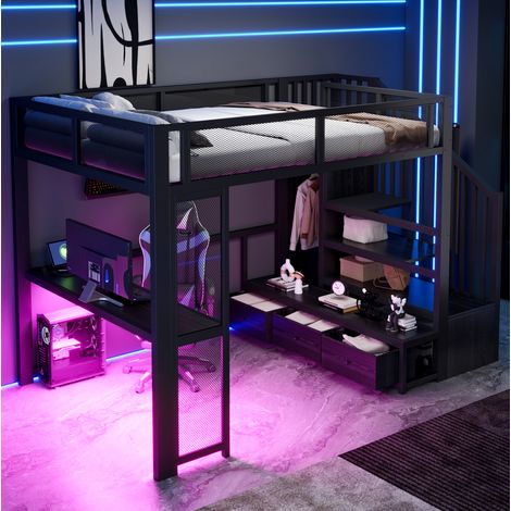 Lit superposé 140/200 cm noir en métal avec bureau, penderie ouverte, LED et USB (1/5)