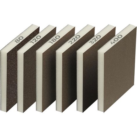 6Pcs Eponge Abrasive Grain 80/120/180/220/320/400 Eponges de Ponçage,lavables et réutilisables, Métal, Utomobile, Peinture,Mastic (1/5)