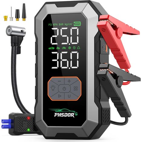 8000A Booster Batterie Voiture avec Gonfleur 150PSI, 25000mAh Démarreur Batterie Voiture (Tous Gaz ou 10L Diesel), 12V Booster de Batterie, Jump Starter avec Lumière LED (Argent) (1/5)