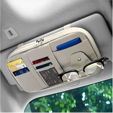 Pare-soleil de voiture, sac de rangement pour voiture, camion, SUV, support de plaque d'immatriculation, intérieur en cuir avec plusieurs poches (1/4)