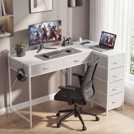 Blancs 126x48 cm - Bureau d’angle réversible doté de 6 tiroirs avec prise USB et port de charge USB-C