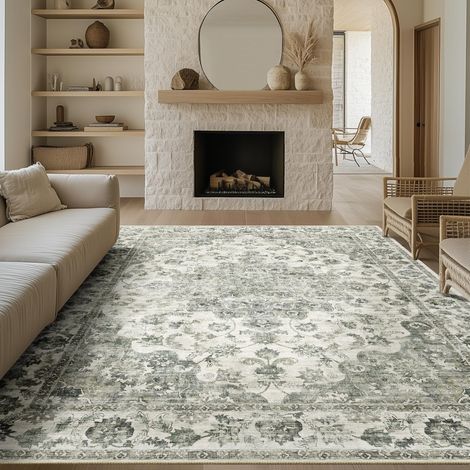 Vert Vintage Tapis Salon 200x300cm Rug Lavable en Machine Grand Antidérapant Rugs,Chambre Adulte Enfant,Carpets Salle a Manger,Bureau,Cuisine,Interieur Doux Poil Ras Carpet (1/5)