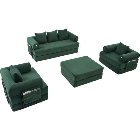 Sofá Modular 4 Plazas con Pouf, Bolsillo Lateral y 3 Cojines, Terciopelo Acanalado, Verde Esmeralda (1/5)