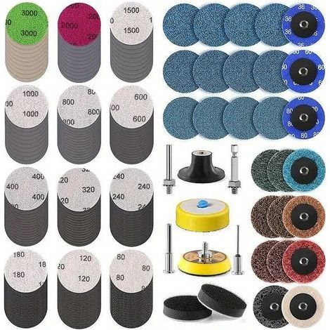 Jeu de disques de ponçage à couple de 50 mm (2 pouces) avec 191 pièces de papier abrasif en carbure de silicium à verrouillage spiralé rotatif en tissu non tissé. (1/2)