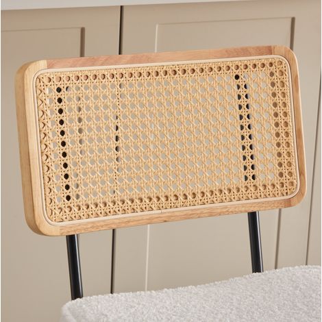 Lot de 2 tabourets de bar modernes sans accoudoirs avec assise en tissu chenille et dossier en bois et rotin, pieds en métal laqué - ivoire (1/5)