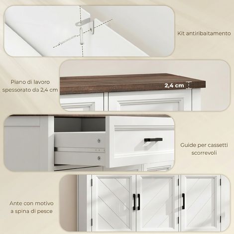 Buffet de cuisine blanc en bois, style grange avec 3 portes, 2 tiroirs et 2 étagères ajustables (1/5)