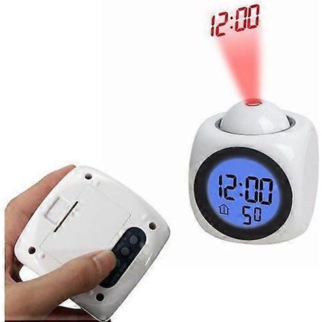 Cette horloge de projection multifonctionnelle en anglais est dotée d'une lumière LED, d'une alarme de projection et d'une annonce vocale de l'heure. Elle affiche l'heure en anglais en blanc. (1/3)