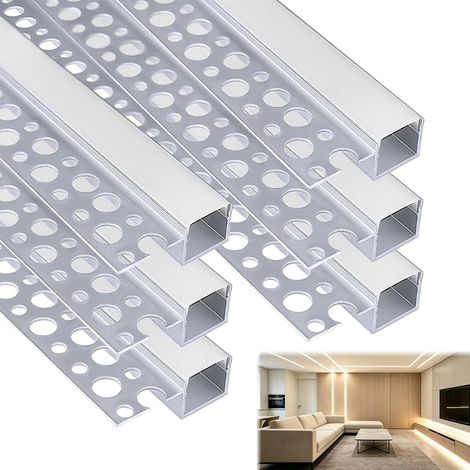 Lot de 6 profilés LED pour cloison sèche - 1 m - Canal en aluminium avec couvercle laiteux - Diffuseur de bande LED pour sous-structure, étagère, mur, table, plafond et coins - Installation très (1/5)