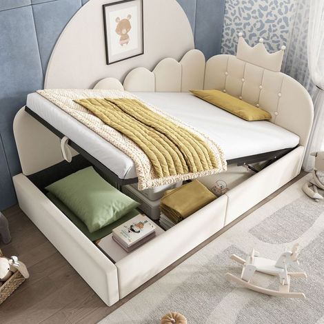 Lit 1 Place 90 x 190 cm fonction sofa rangement hydraulique tagesbed convertible forme L velours beige design grille couronne (1/5)