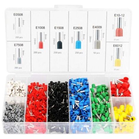 Assortiment de 1 200 connecteurs de fils électriques isolés à sertir pour tubes en E avec boîte de rangement