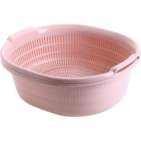 Cesta lavadora de verduras de doble capa con colador extraíble para limpiar eficientemente frutas y verduras en el fregadero de cocina, rosa, 32,5 x 29 x 13 cm