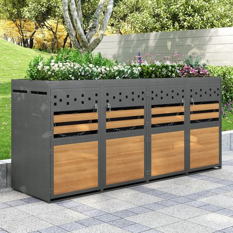 4er Mülltonnenbox für 120-240L Mülltonnen mit Pflanzdach und Schloss aus Verzinktem Stahl Modernes Design Anthrazit und Holzoptik