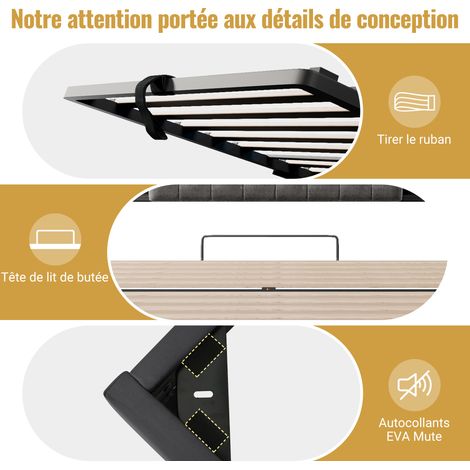 Lit 140x200 cm, sommier inclus, tête de lit capitonnée, coffre de rangement avec vérins hydrauliques, éclairage LED intégré, tissu lin gris et finition noyer, sans matelas. (1/5)