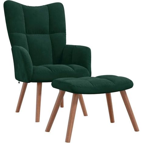Un fauteuil lounge avec repose-pieds, recouvert de velours vert foncé. (1/5)
