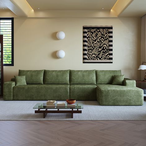 Canapé d’angle modulable 340 cm avec méridienne en L, assise profonde effet nuage, sans montage, livré compressé, velours côtelé vert