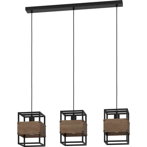 EGLO Hängelampe Evesham, Pendelleuchte Esstisch 3-flammig, Esszimmerlampe aus Holz in Dunkelbraun und Metall in Schwarz, Hängeleuchte mit E27 Fassung