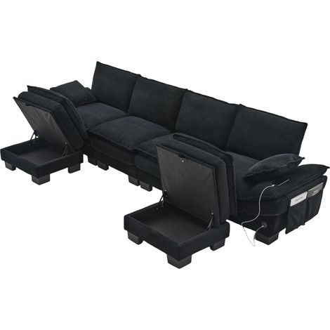 Divano modulare 4 posti in velluto a coste nero con 2 pouf, porta USB-C e tasche laterali (1/5)