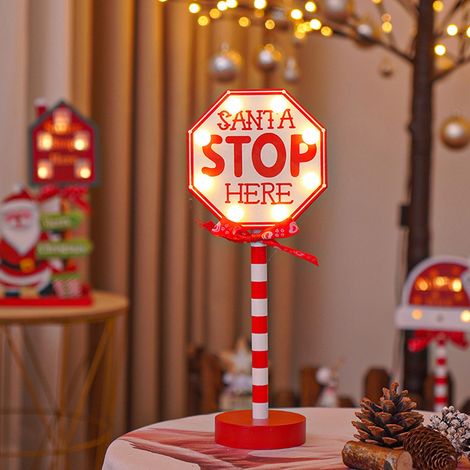 Panneau De Noël Santa Stop Here - Signal Lumineux À LED En Plastique - Décor De Table Pour Intérieur Bureau Fête - Forme Octogonale - 1 Pièce (1/5)