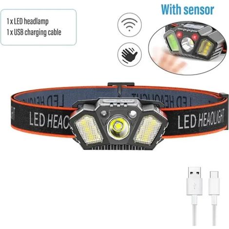 Lampe frontale à capteur QP06, portable et rechargeable, avec LED COB XPE, 5 modes d'éclairage, idéale pour la pêche, le camping et la randonnée. Lampe frontale rouge avec avertissement et commande ge (1/5)