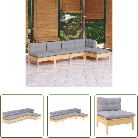 Holz-Lounge - 5-tlg. Garten-Lounge-Set mit Grauen Kissen Kiefernholz (1/5)