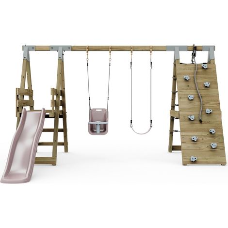 PolarPlay Premium Double Swing Set with Climbing Wall and Slide - Dusky Pink with Baby Seat (1/5)